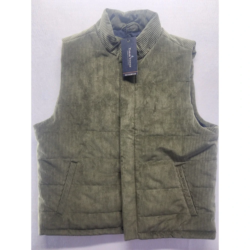 Tailor Vintage Mens L Corduroy Puffer Vest Army Green Full Zip Pockets Outerwear